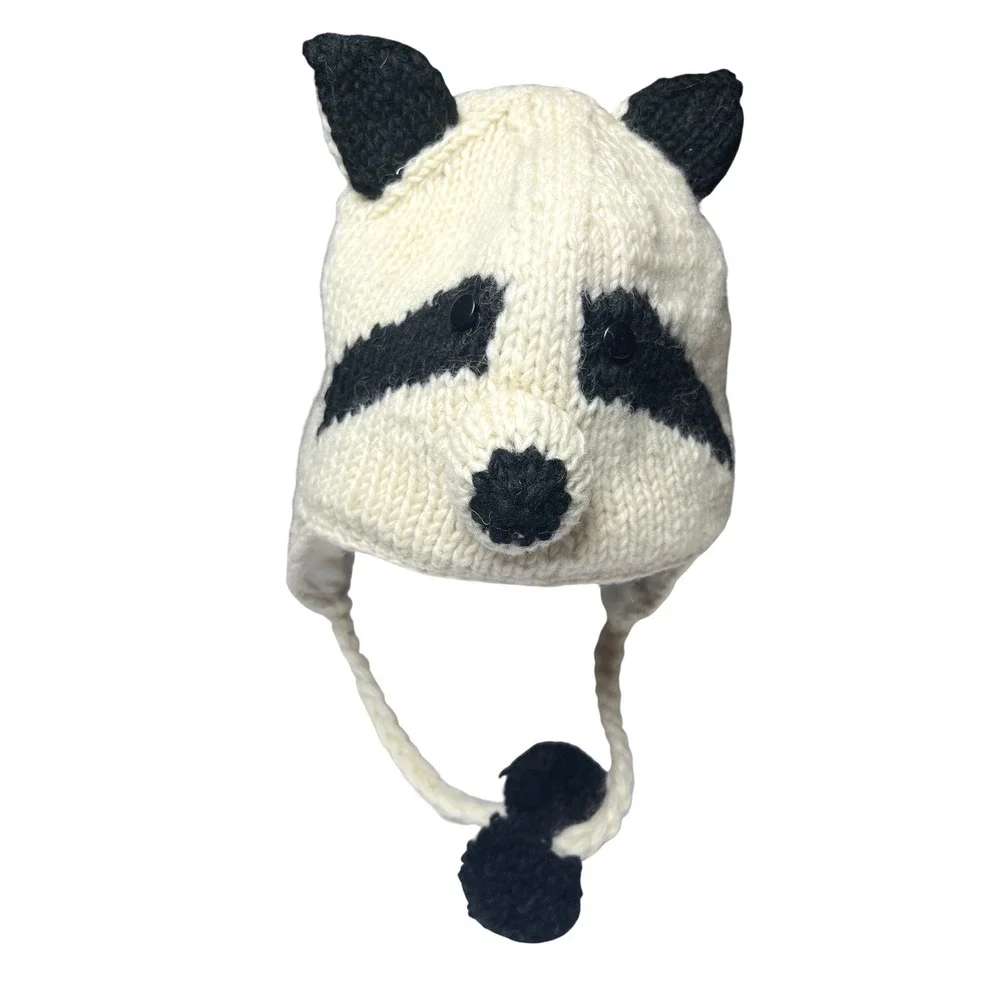 Raccoon‎ Nepal Wool Earflap Beanie Hat Hand Knit Cream Black Whimsical OS